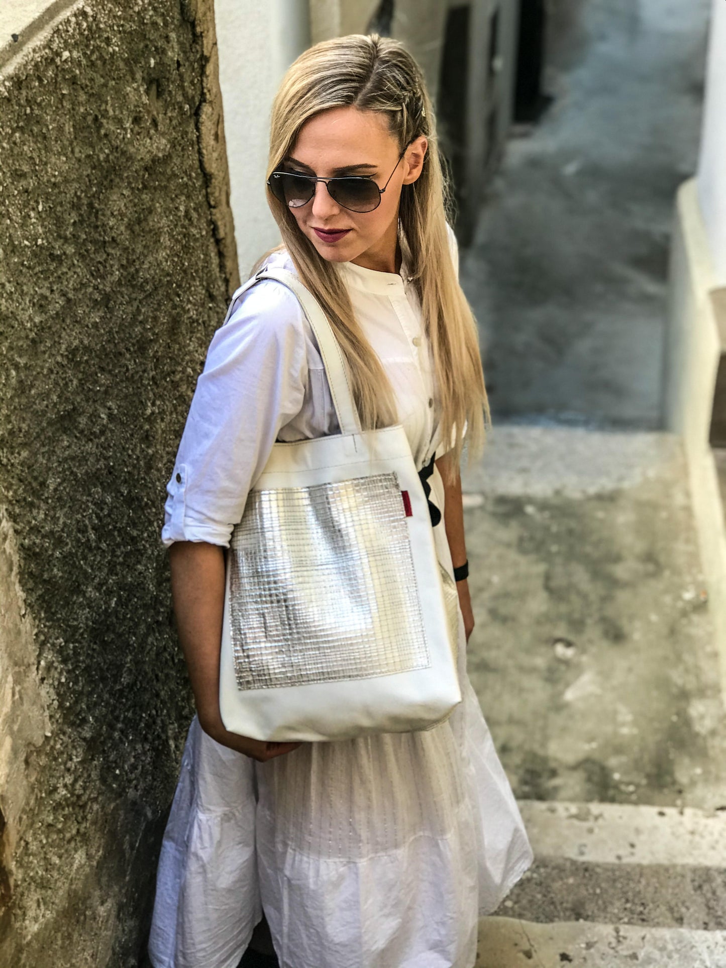 SHOPPER MC WHITE SILVER STRIPES